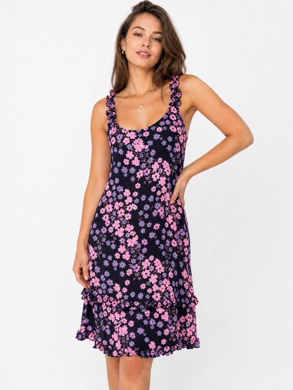 Vintage Sareet Black & Pink Floral Rayon Slip Dress | Women's Medium | M in USA